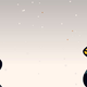 A dog and a hare smiling at each other in gently falling snow
